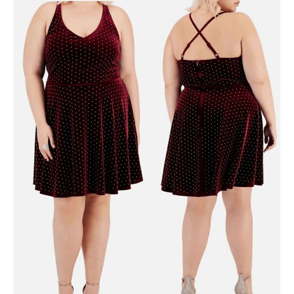 City Studios Trendy Plus Size Velvet Rhines Wine Iridescent Dress 18W